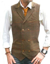 Mens Wool Blend Tweed Double Breasted Brown Check Herringbone Waistcoat Vest 