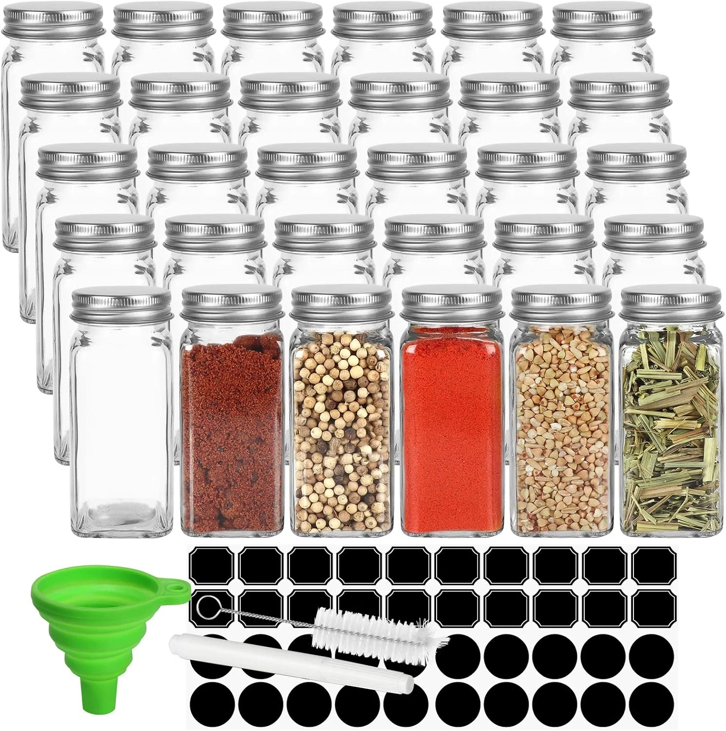 30 Pack Glass Spice Jars 4 Oz with Labels, Empty Square Spice Bottles Seasoning