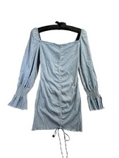 Fashion Nova NWT Mini Dress Blue Chambray Tie Front Bell Sleeve Smocked Cuff Med