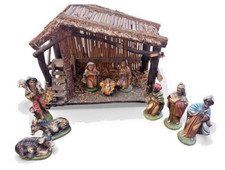 Vintage Nativity Set Handmade Wood Stable Made In Italy 9 Figures