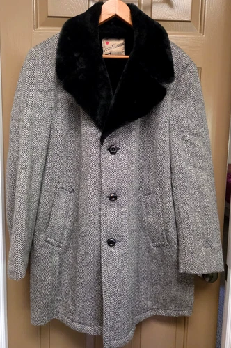 VINTAGE Land-N-Lakes 60s Car Coat XL Black Herringbone Faux Fur Jacket USA 70s video thumbnail