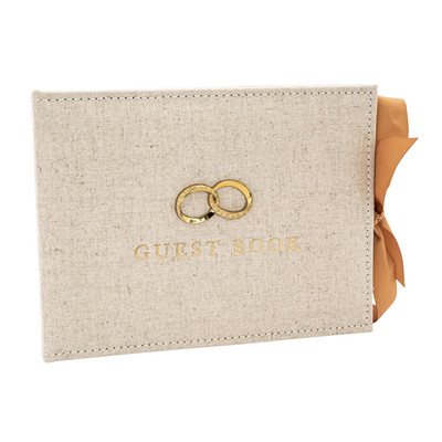 Natürlicher Leinenstoff Hochzeitstag Gästebuch mit glänzenden goldenen Ringen von Happy Ho...