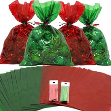 100 Pk Red & Green Christmas Cellophane Bags 6x9" Thick 2.5 Mil Ties