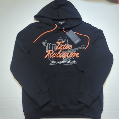New True Religion Men's Hoodie Sweater Medium Black Orange Happy