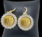 Vintage Moissanite Liberty Coin Dangle Earrings: 14k Yellow Gold Plated