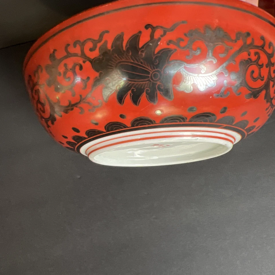 Meiji Japanese Eiraku Silver Kutani Bowl 7” Red Porcelain Cranes Peonies Signed - Image 4 of 4