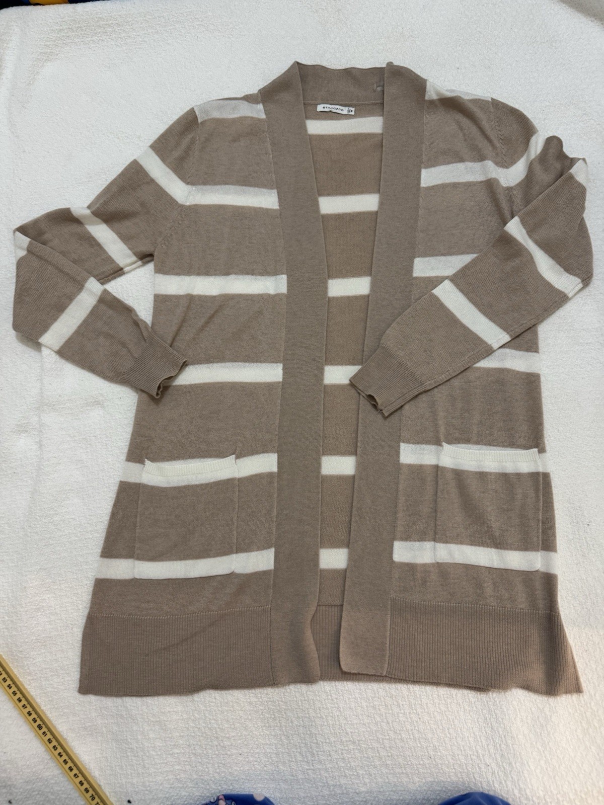 STACCATO Beige White Striped Open Front Cardigan Sweater M Knit Lightweight