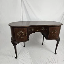 Vintage Mahogany Kidney Shaped Desk Vanity Table Cabinet Hand Painted Louis XV 