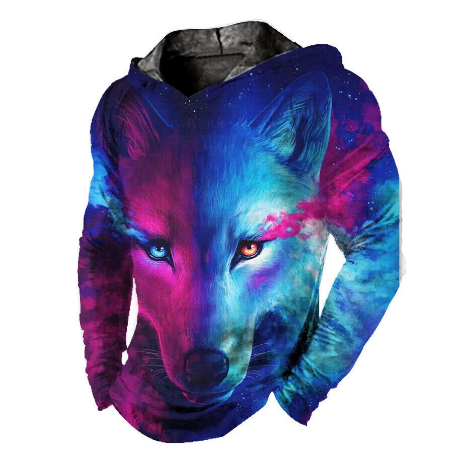 Men Hoodie Pullover Hooded Vintage Blue Wolf Graphic Sweatshirt