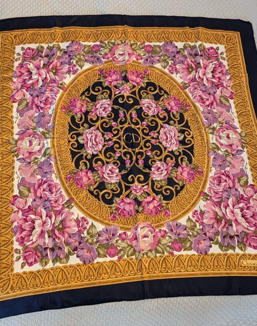 Écharpe vintage Christian Dior cadre bleu foncé motif floral