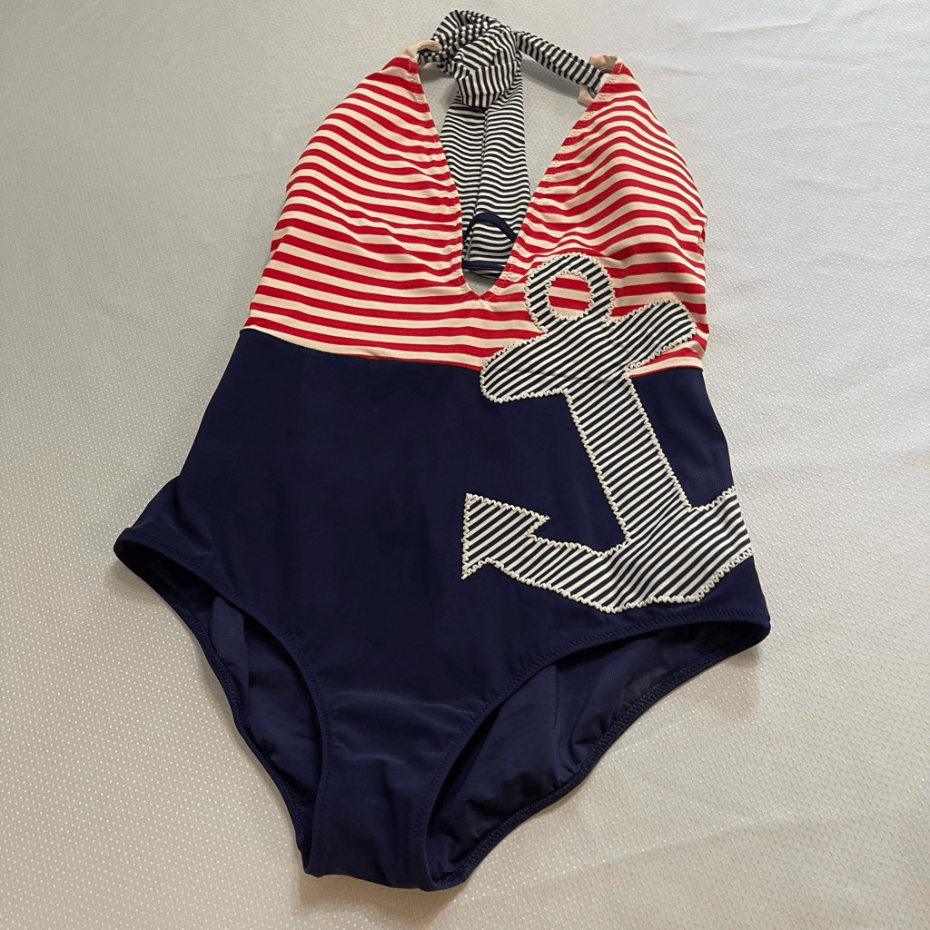 Retro Nanette Lepore One Piece Nautical Sailing Stripped Womens Swimsuit Large