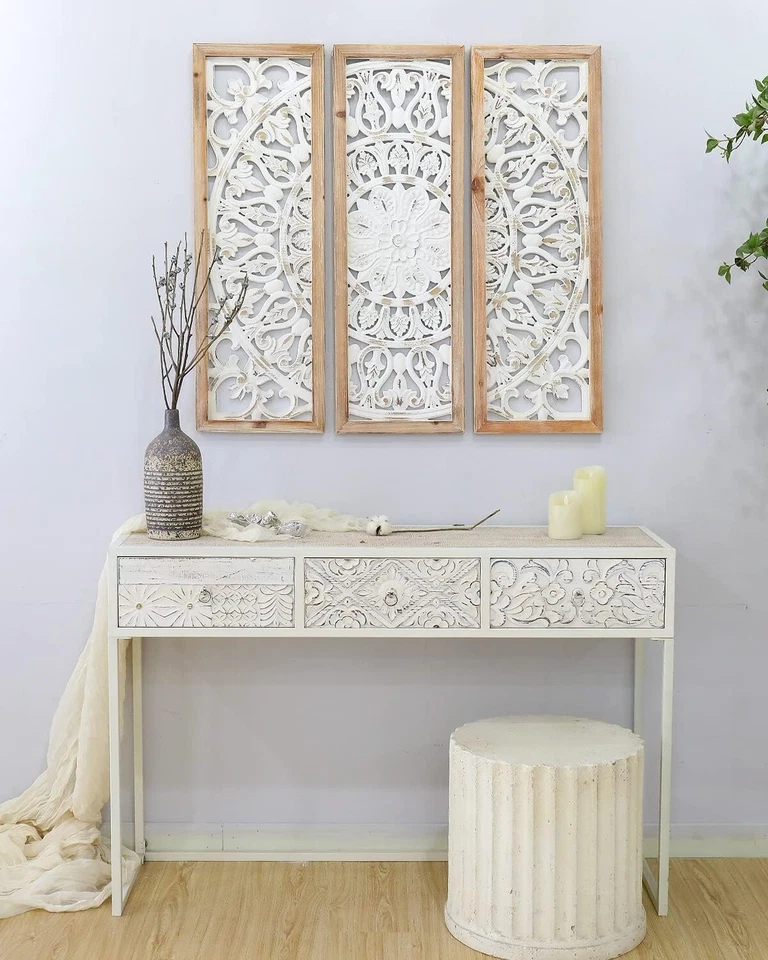 Carved Wood Wall Decor Floral-Patterned Wooden Panels (Set of 3) 39"x36"x1" - Image 2 of 4