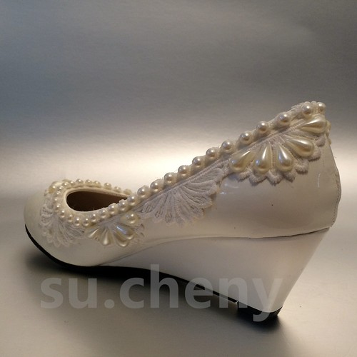 Su.cheny 2" Wedge Lace Pearls White Light Ivory Wedding Bridal Shoes Size 5-10.5 - Foto 9
