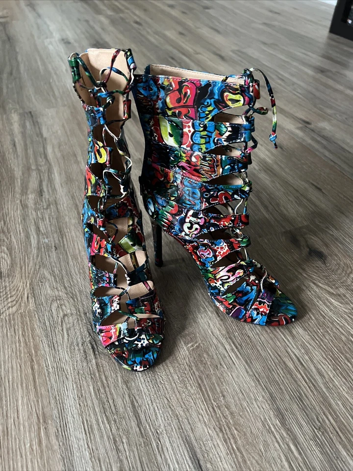 Tacón con cordones Liliana Graffiti enjaulado | Tacones altos | Talla 8,5 | Tacones multicolores Foto 3 de 4