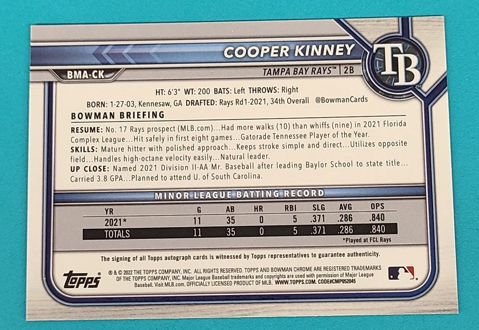 2022 Bowman Chrome Prosp Autograph Mojo Refractor #BMA-CK Cooper Kinney Card N4 - Image 2 of 2