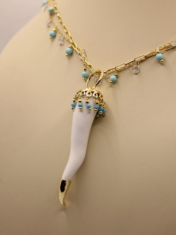 COLLANA ARGENTO CORNO SCARAMANTICO PASTA DI TURCHESE PASTA DI AGATA BIANCA - Immagine 3 di 4