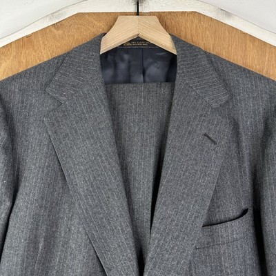 VTG Hickey Freeman Suit Mens 42L Gray Pinstripe 3/2 Roll Pants 36x34 flannel