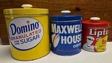 VTG J.L. Clark Metal Tin Canister Set Domino, Maxwell, Lipton  w/lids- nesting