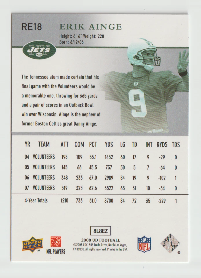 2008 Upper Deck Rookie Exclusives #RE18 Erik Ainge - Volunteers - Image 2 of 2