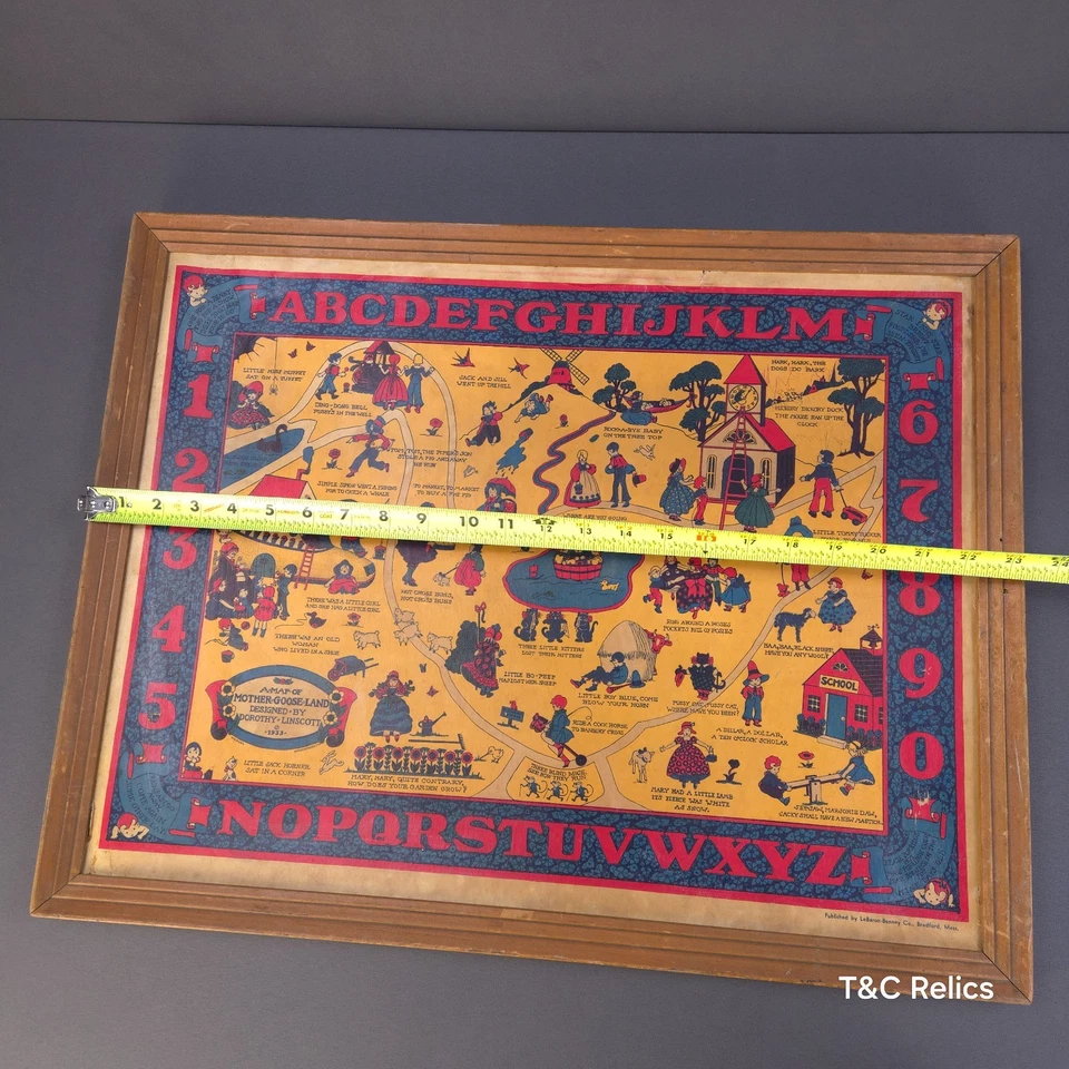 Impresión artística de madre ganso 1933 mapa de rima infantil números ABC enmarcado en madera 18x23x1 Foto 3 de 4