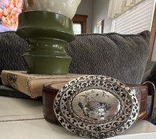 Brighton Men's Brown Western Belt Crocodile Embossed Silver Buckle 38