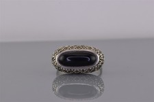Sterling Silver Raised Marcasite Clustered Oval Black Onyx Band Ring 925 Sz: 8