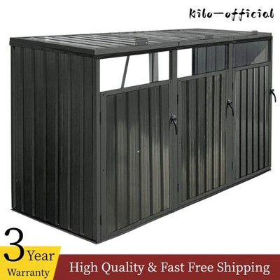 Garbage Bin Shed Stores 3 Trash Cans Outdoor Garden Yard Metal Storage Bin Shed