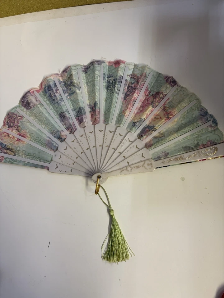 Folding Hand Fan Plastic Frame Floral Pattern Gold Accents - Image 2 of 4