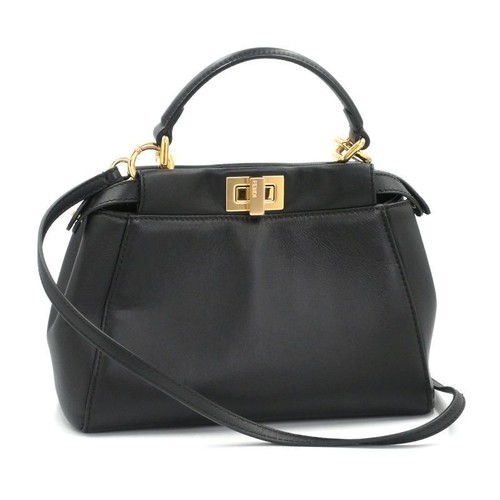 FENDI Mini Peekaboo Leather Handbag Black Gold Hardware Small
