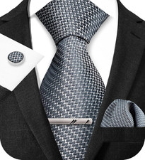 TIE G Stripe Plaid Mens Ties Set in Black Gift Box: Necktie and Pocket Square, C