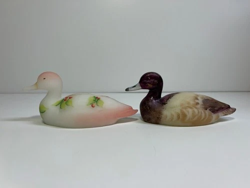 Fenton Art Glass Satin Mallard Duck Figurines - Signed by D. Thornton & S. Smith