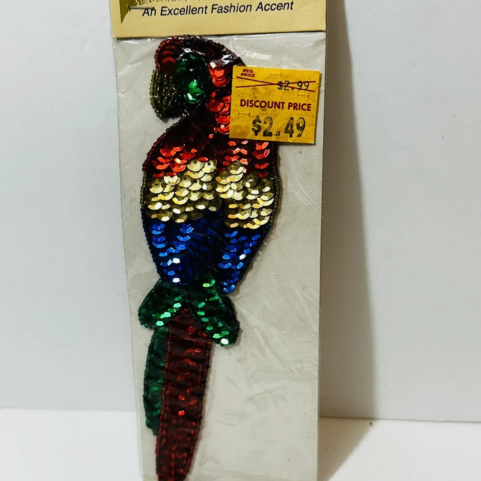 Vintage 80s 90s Sequin Sew On Patch Parrot Bird Size Wang’s 7 1/2” Size - Image 2 of 4