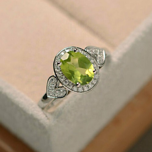 2.65 Ct Oval Cut Peridot Diamond Engagement Ring 14K White Gold Finish Size J-T - Picture 5 of 8