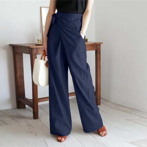 Damen High Waist Wickelhose Lange Hose Freizeit Locker Weites Bein Damen Palazzo - Bild 9 von 23