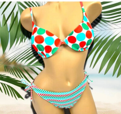 Damen Bikini sommerlich gepunktet Rot Grün Gr.38-46(M, S, XS)abnehmbarer Push Up