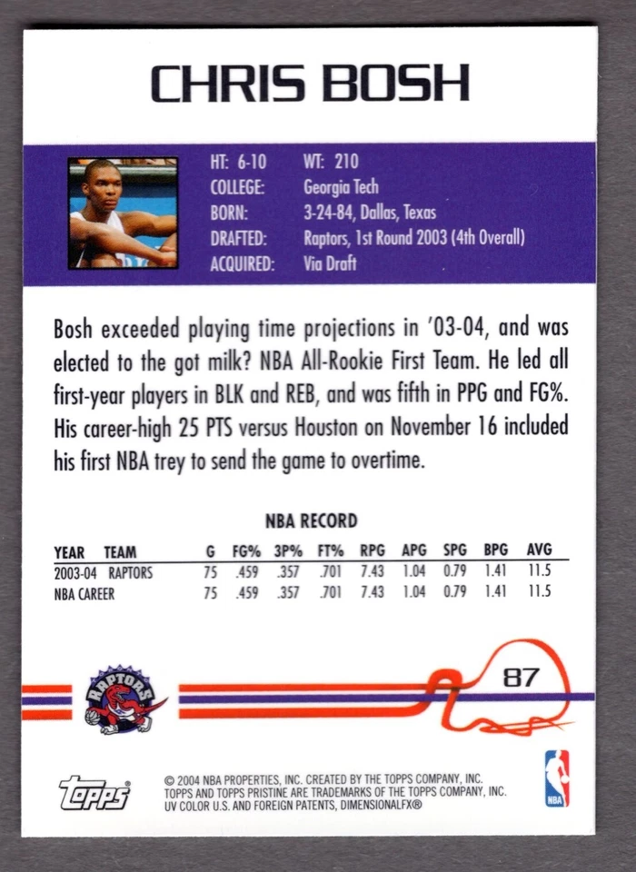 2004-05 TOPPS PRISTINE CHRIS BOSH CARD #87 **NM-MT** TORONTO RAPTORS - Image 2 of 2