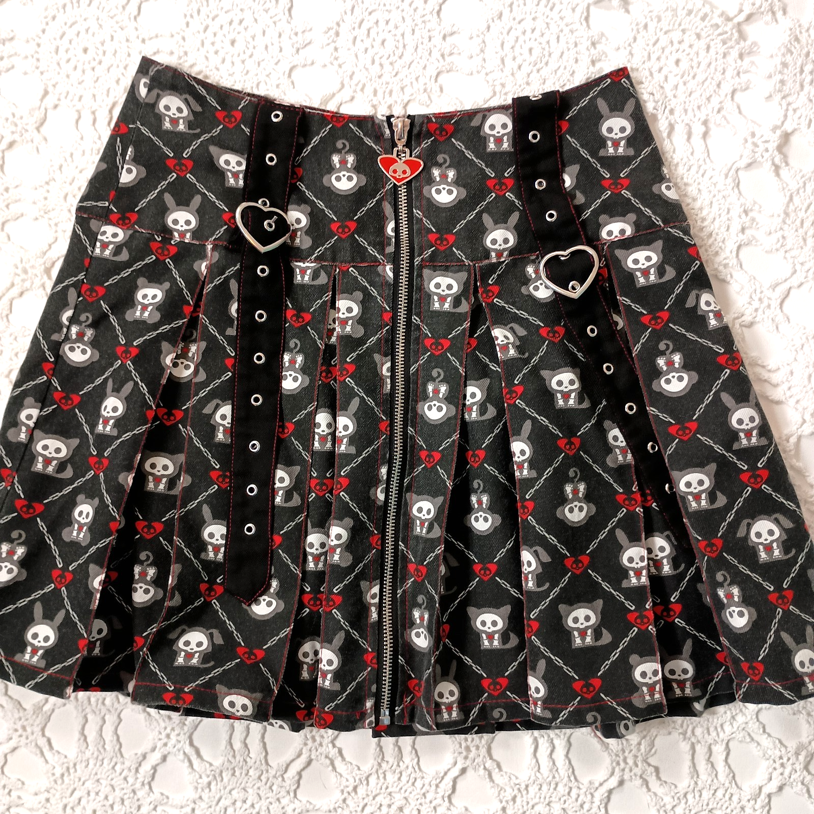 Skelanimals Mini Pleated Skirt with Grommet Straps and Front Zip - Goth Style for Women-image