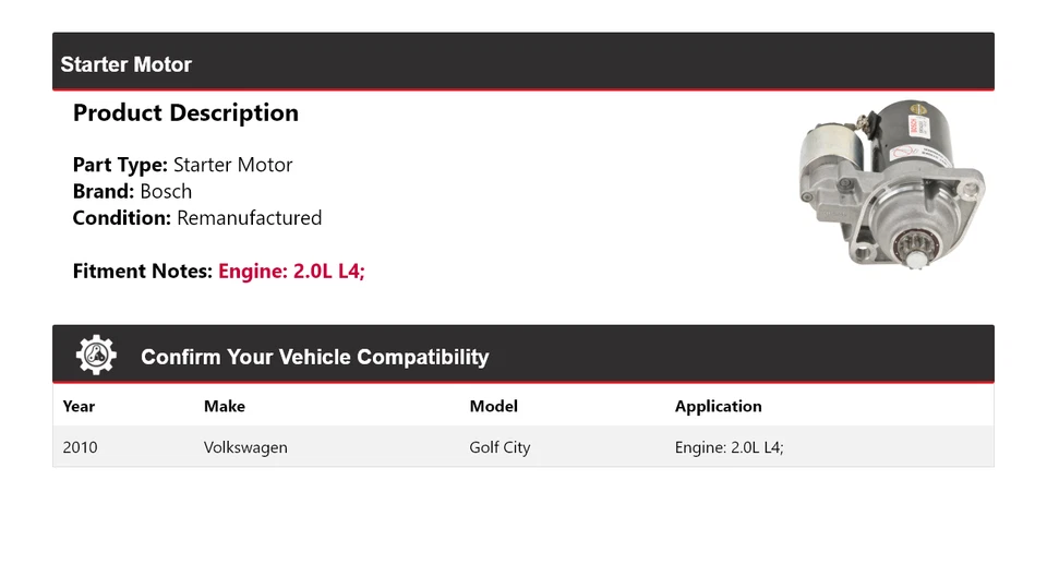 Стартер Bosch для 2010 Volkswagen Golf City 2,0 л L4 (восстановленный) - Изображение 2 из 4