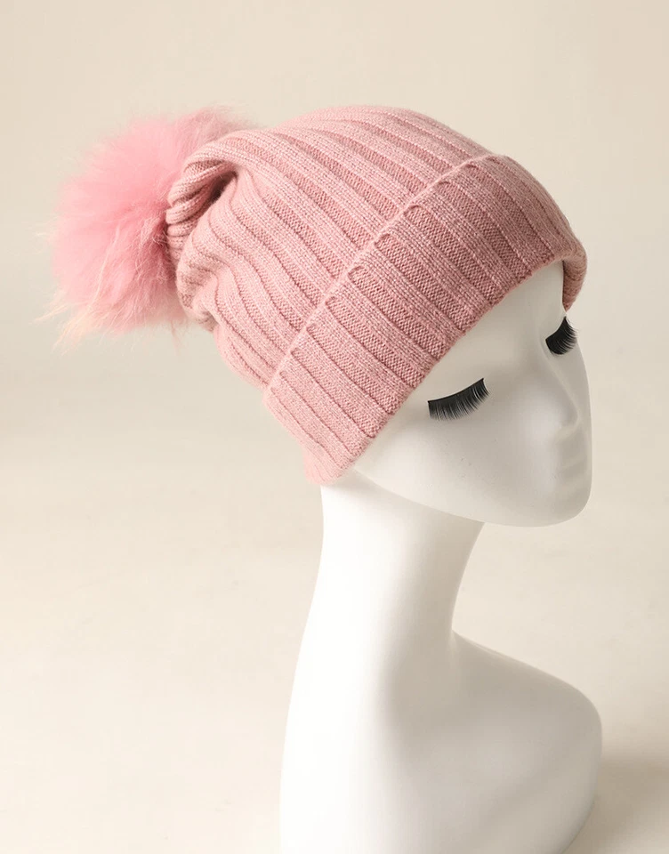 Sombrero de ganchillo de cachemir mongol puro piel de mapache real pompón gorro sombrero esquí Foto 2 de 4