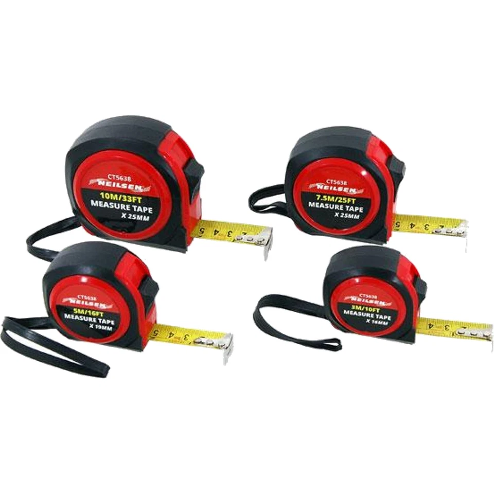 Neilsen 4pc Multi Tape Measure Imperial Metric Scale Easy Lock 3m to 10m Set - Image 3 of 3