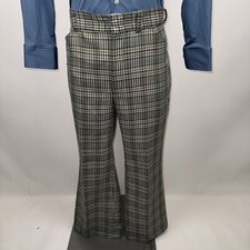 Vintage 60s 70s Pants Bell Bottom Leisure Suit Disco Green Plaid Mens 35 27 MCM