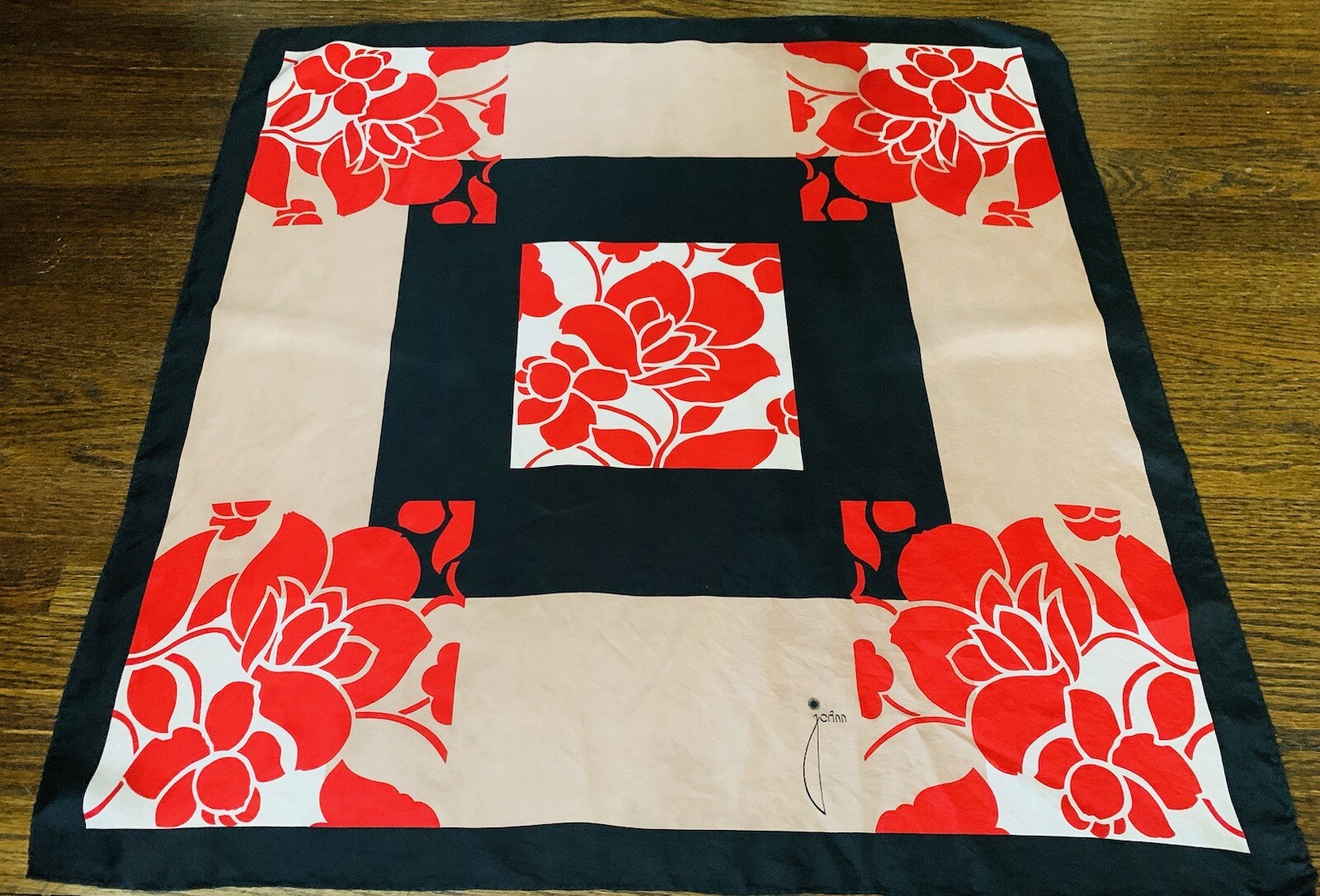 RARE Vintage JoAnn Wild Silk Scarf Red Floral Design Hand Rolled 30x30” Japan