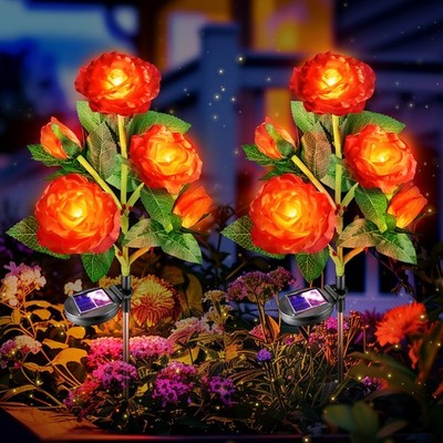 Solar Garden Lights Outdoor: 10 Artificial Fabric Red Roses Flowers 2 Pack- L...