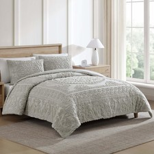 Medallion Tufted Chenille Comforter 3-Piece Set, Cotton, All Season Cozy Bedd...