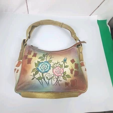 Great American Leatherworks Hand-Painted Hobo Shoulder Bag--Floral Decoration