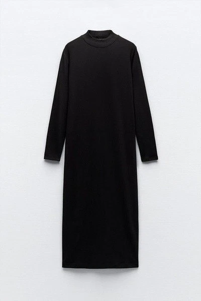 ZARA BLACK RIB KNIT LONG MIDI MAXI MOCK HIGH NECK PULLOVER DRESS  1044/635 SMALL - Image 2 of 4