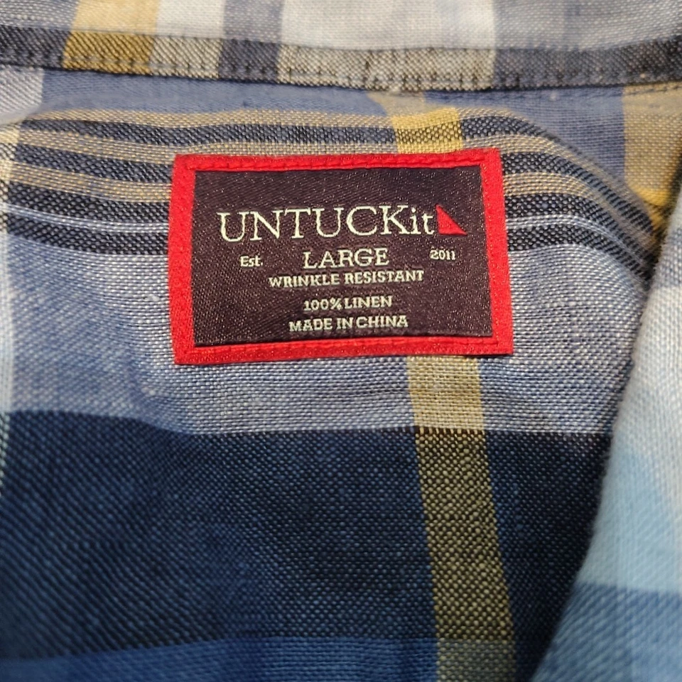 3 Untuckit Linen Shirts Button up Large Blue Plaid Long Sleeve Preppy Oxford - Image 3 of 4