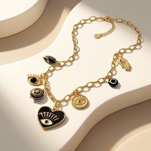 Authentic 14K Gold Plated Evil Eye Hamsa Hand Charm Necklaces For Womens