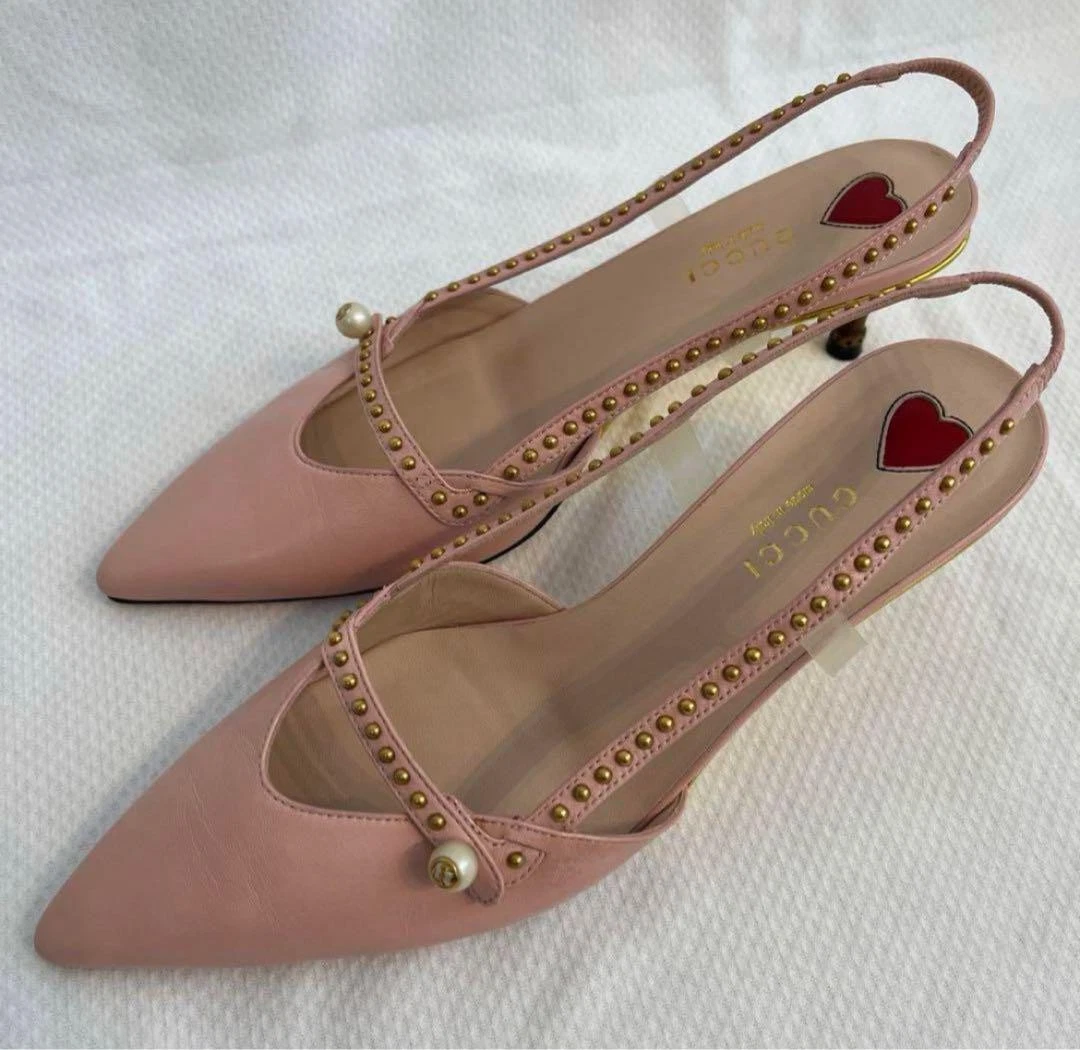 Gucci Sandales Escarpins Chaussures Mules Clous Bambou Perle Rose Femme Taille US7 24,0 cm