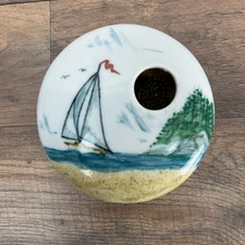 Georgetown Pottery Ikebana Round Art Vase Metal Frog Sailboat Ocean Beach